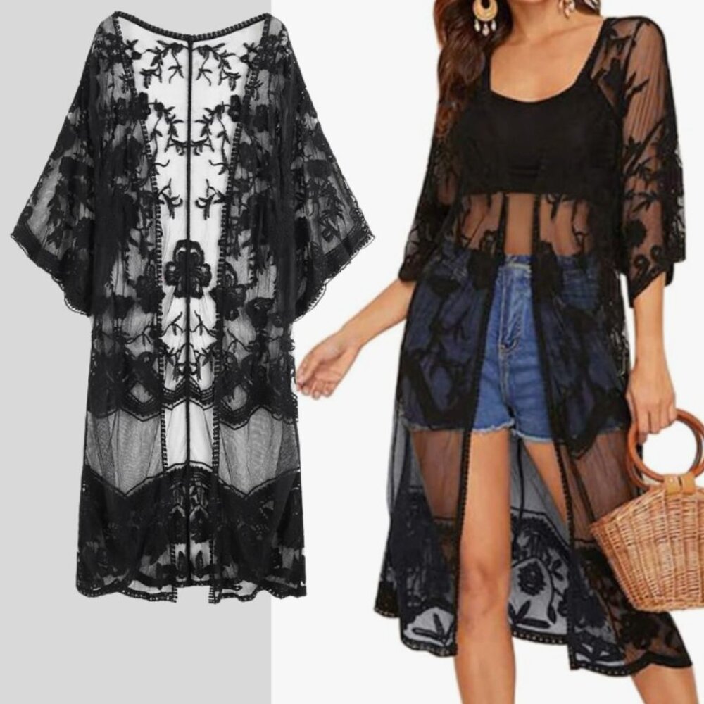 Adiva Black Sheer Embroidered Kimono Cover-Up